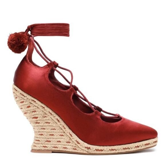 New Tory Burch Red Pompom-embellished Lace-up Satin Wedge Espadrilles Merlot 7 - Picture 2 of 16